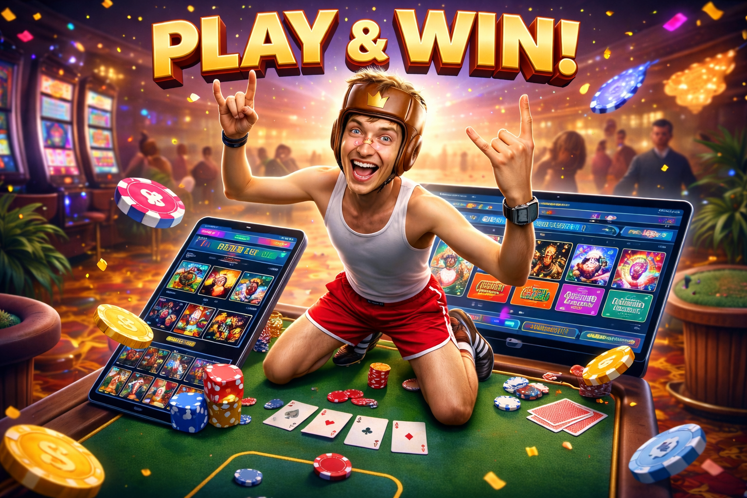 A joyful young man wearing a boxing helmet, white tank top, and red shorts kneels on a casino table surrounded by poker chips, playing cards, and two large tablet screens showing slot machine games. He raises both hands in a celebratory gesture while smil
